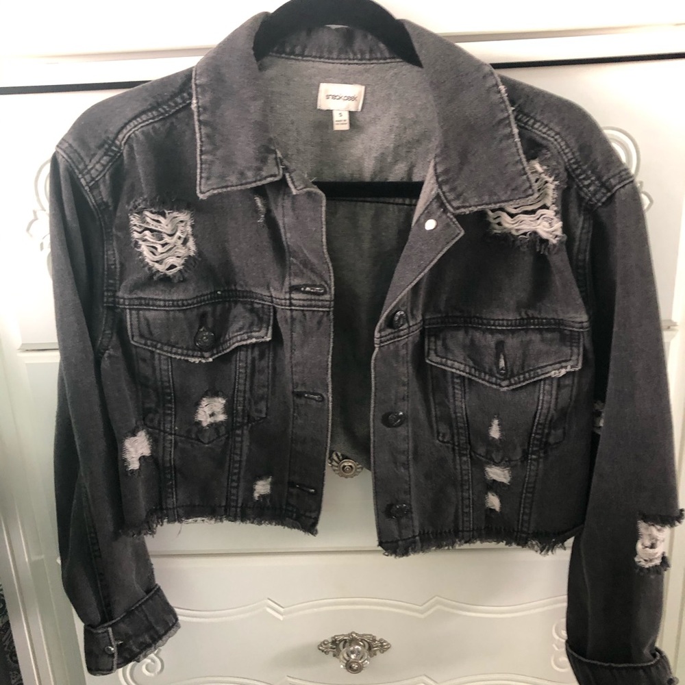 Black Cropped Ripped Jean Jacket